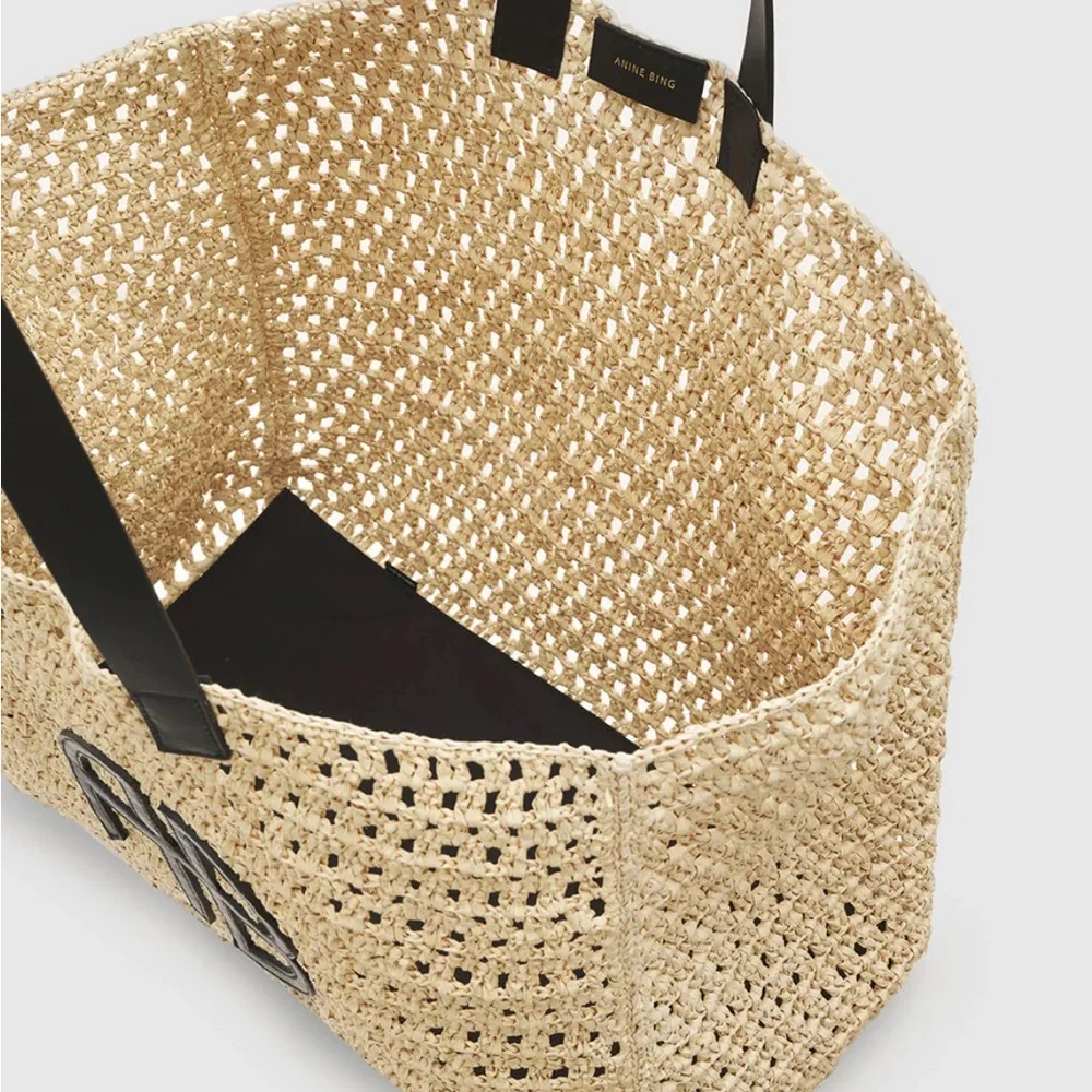Anine Bing Natural Straw Tote with Black Logo and Handles